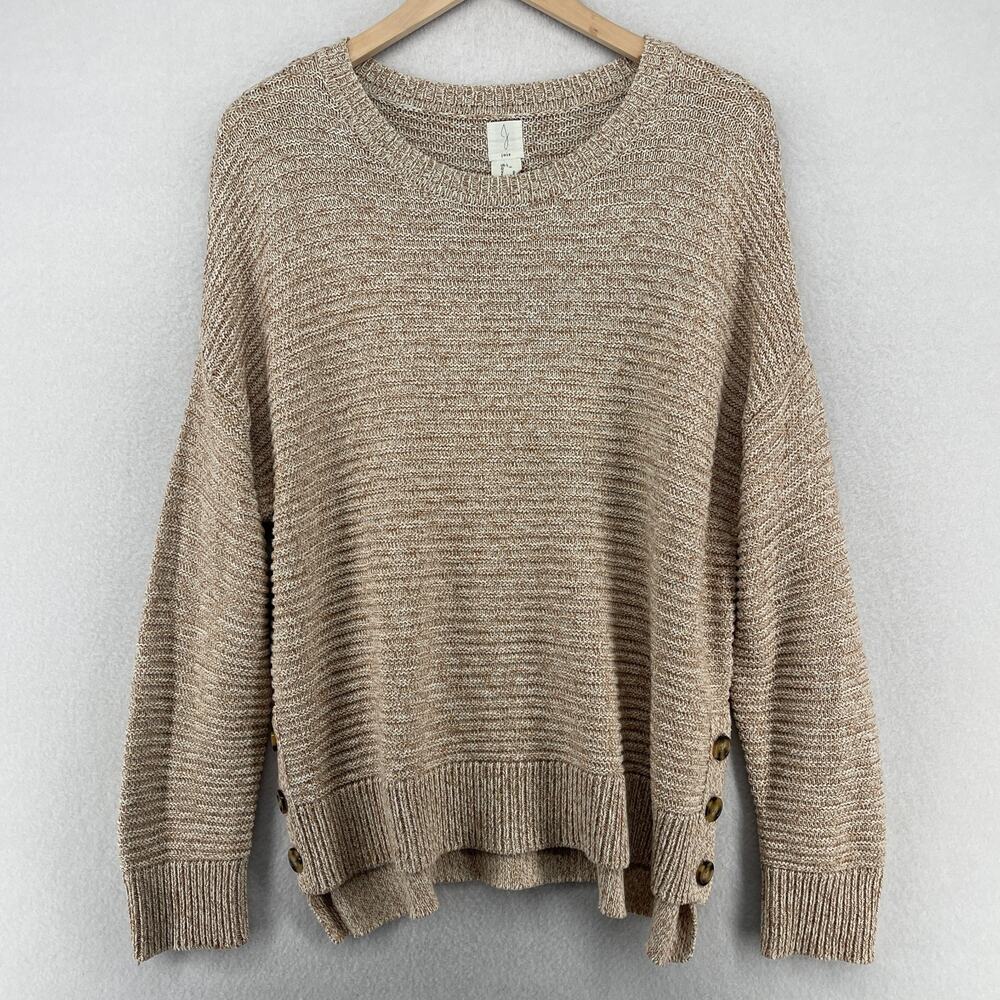 JOIE Sweater L Marled Cotton Blend Textured Side Button Tunic Pullover Beige